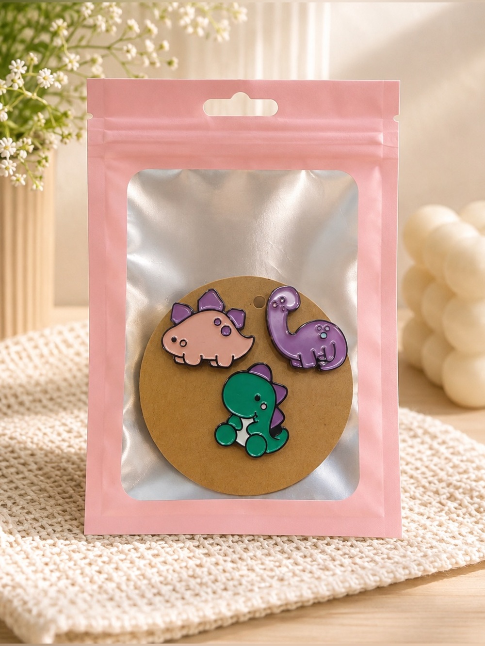 Baby Dinosaur Pin Set - Pink, Purple & Green
